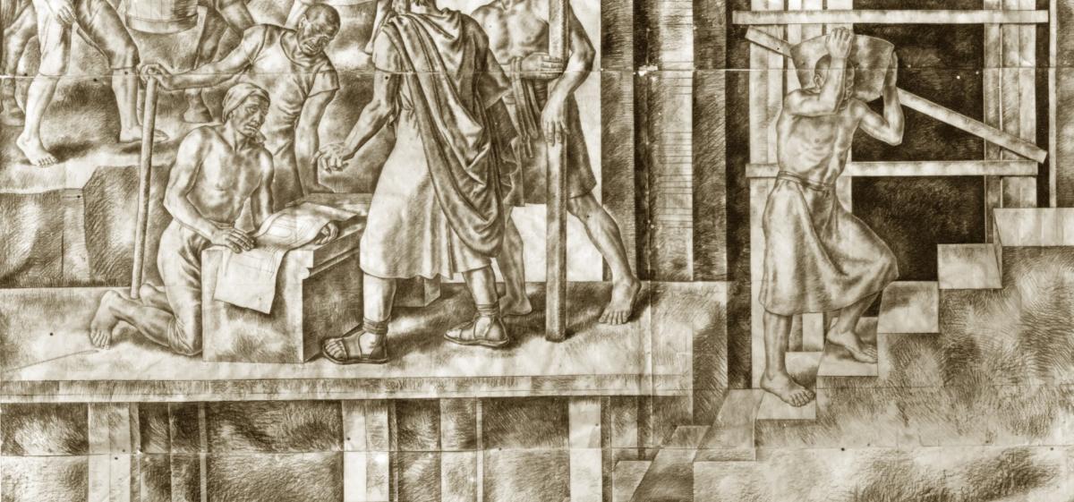 Cartone preparatorio dell'affresco dal titolo "Artisti, poeti e scienziati alla corte di Federico II" di Arduino Angelucci, scena n. 3 Cartone preparatorio dell'affresco dal titolo "Artisti, poeti e scienziati alla corte di Federico II" di Arduino Angelucci, scena n. 3