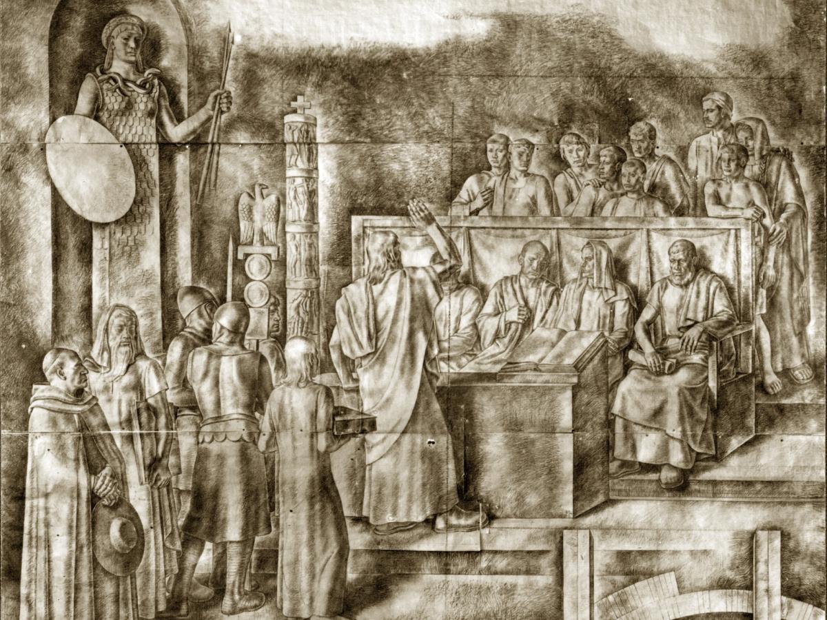 Cartone preparatorio dell'affresco dal titolo "Artisti, poeti e scienziati alla corte di Federico II" di Arduino Angelucci, scena n. 2 Cartone preparatorio dell'affresco dal titolo "Artisti, poeti e scienziati alla corte di Federico II" di Arduino Angelucci, scena n. 2